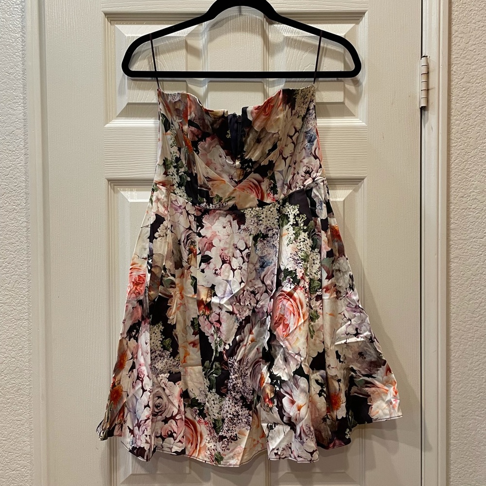 Floral, strapless, flared mini dress